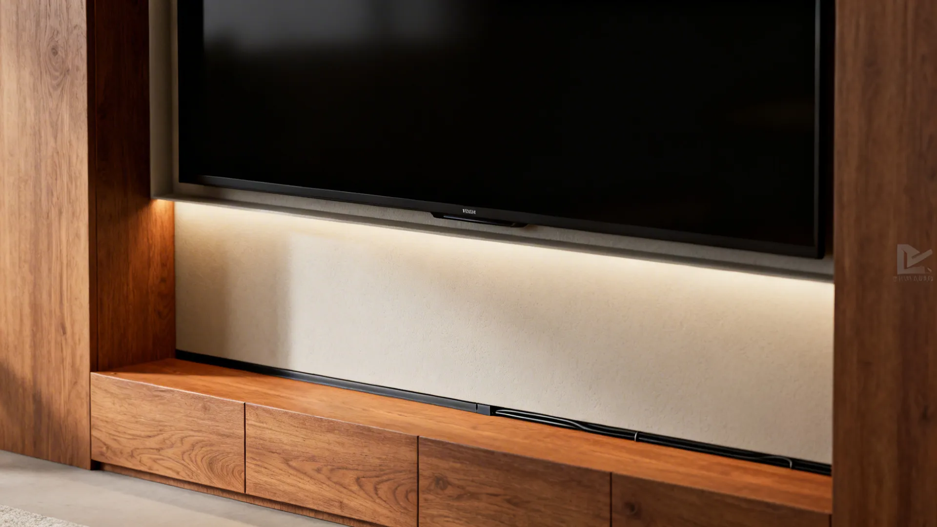 Detail of a recessed media wall with warm wood surround and removable panel for maintenance.