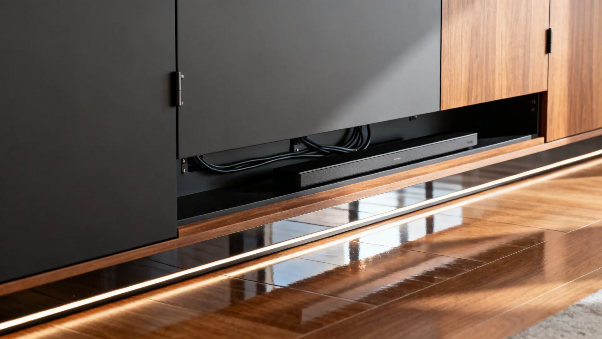 Close-up of concealed cable panel, soundbar recess, and LED toe-kick on a floating media unit.