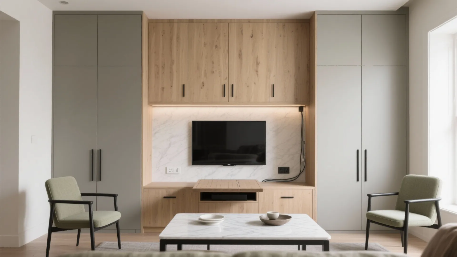 Dual-purpose media wall with a slim dining setup