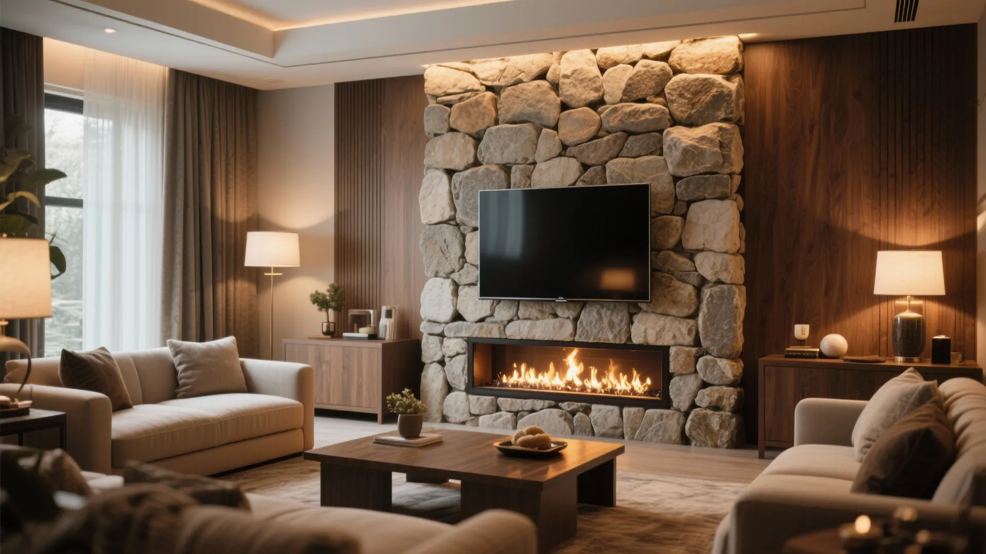 Media wall with integrated fireplace