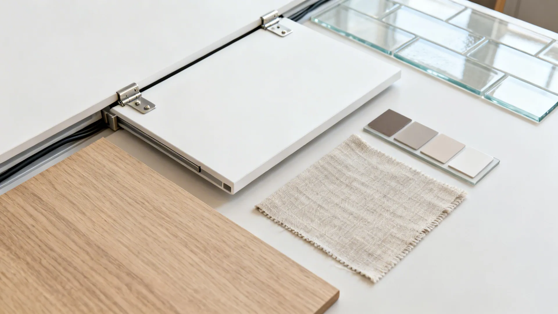 Interior design materials flatlay with wood panel white cabinet door fabric swatch and glass tile samples
