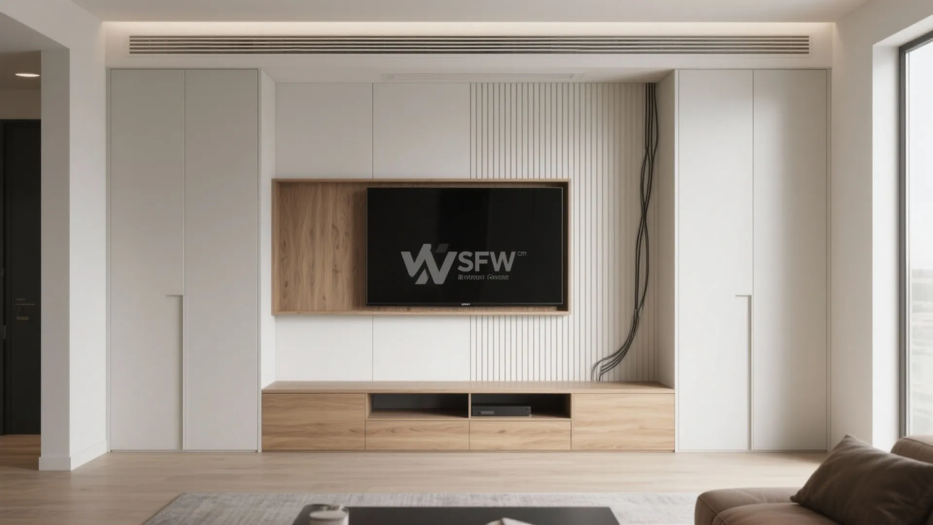 Built-in storage wall with a floating feel