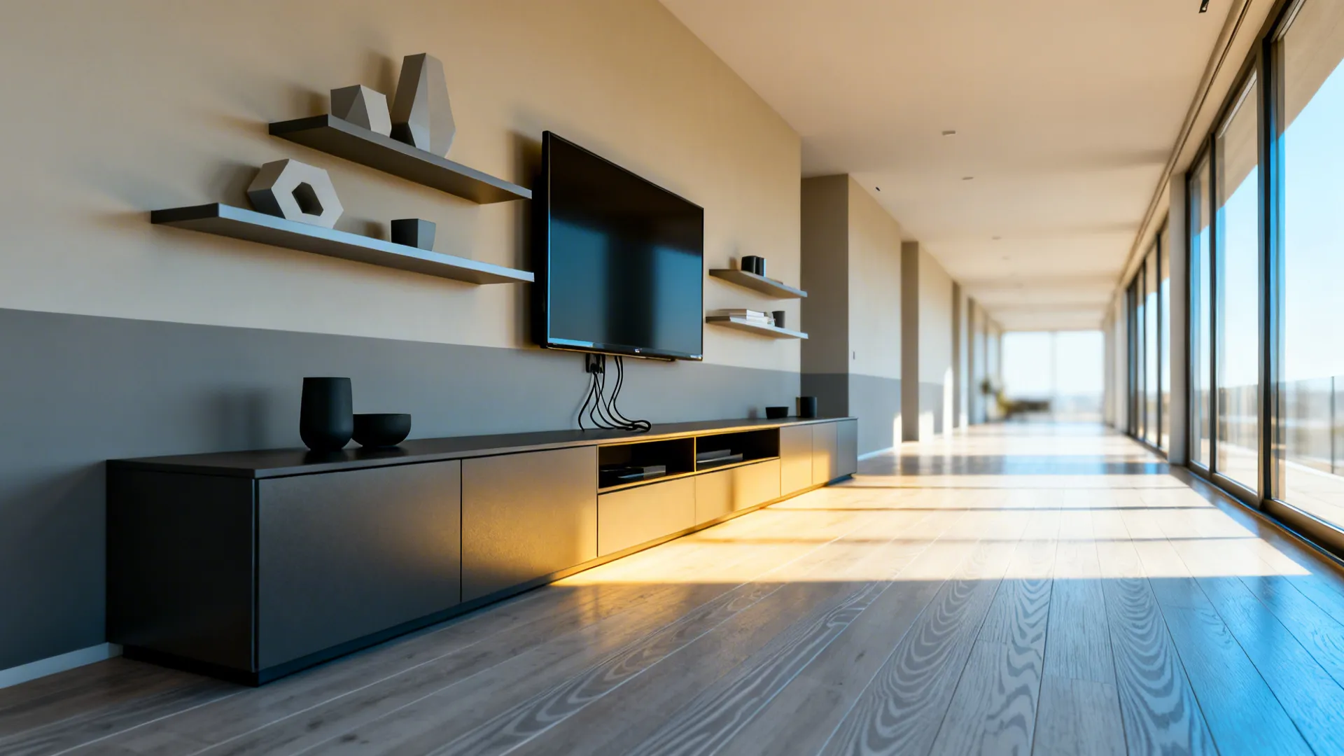 Modern living room with wall mounted TV floating shelves dark cabinet wooden floor and natural sunlight