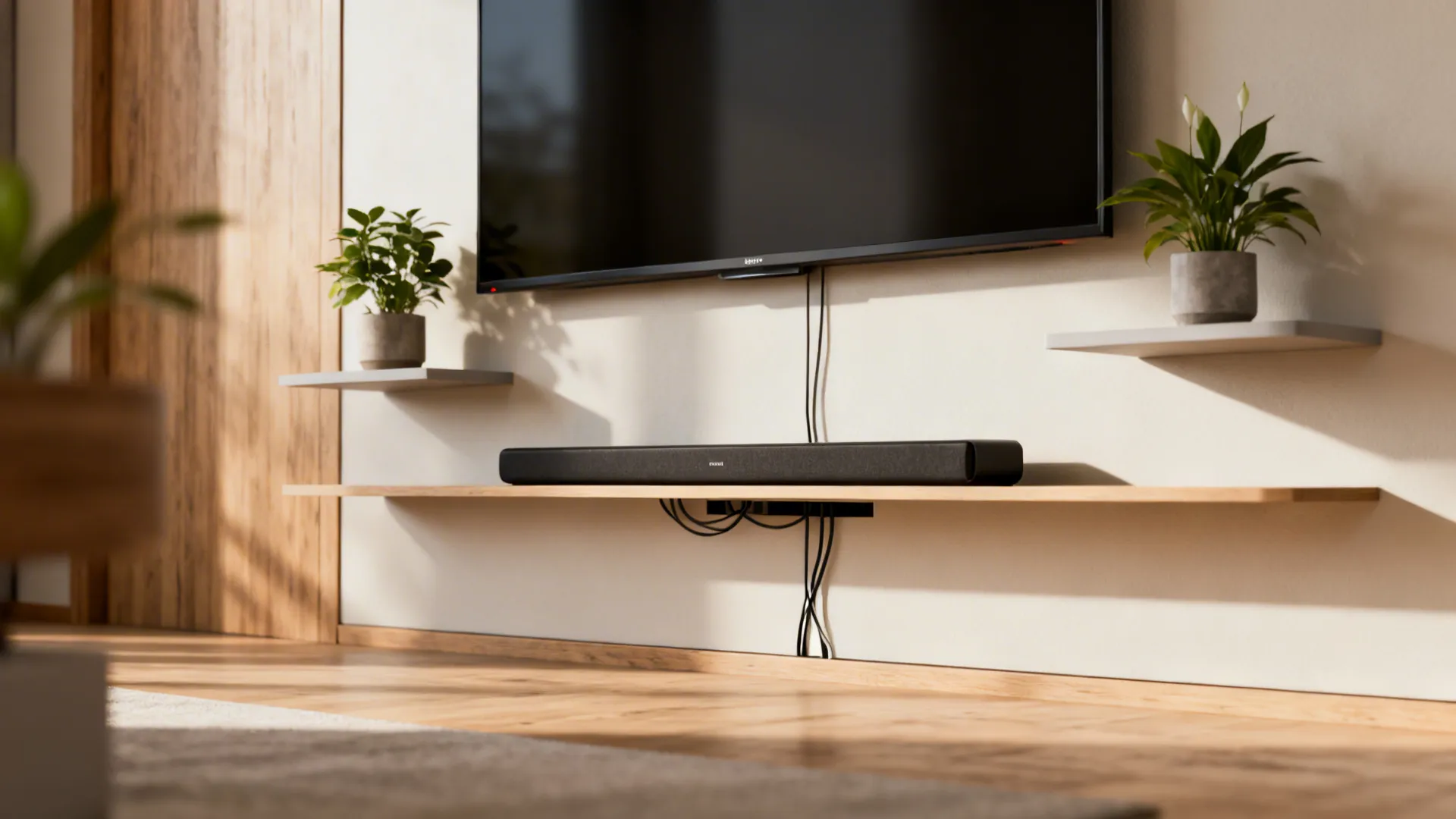 Slim media wall with floating shelves framing a 50-inch TV and hidden cables