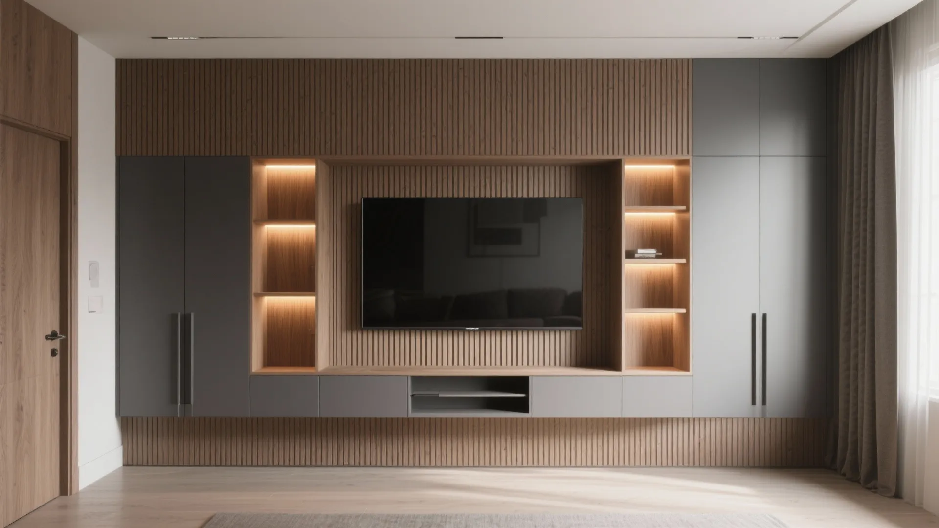 Built-in media wall with fluted panels and niche lighting