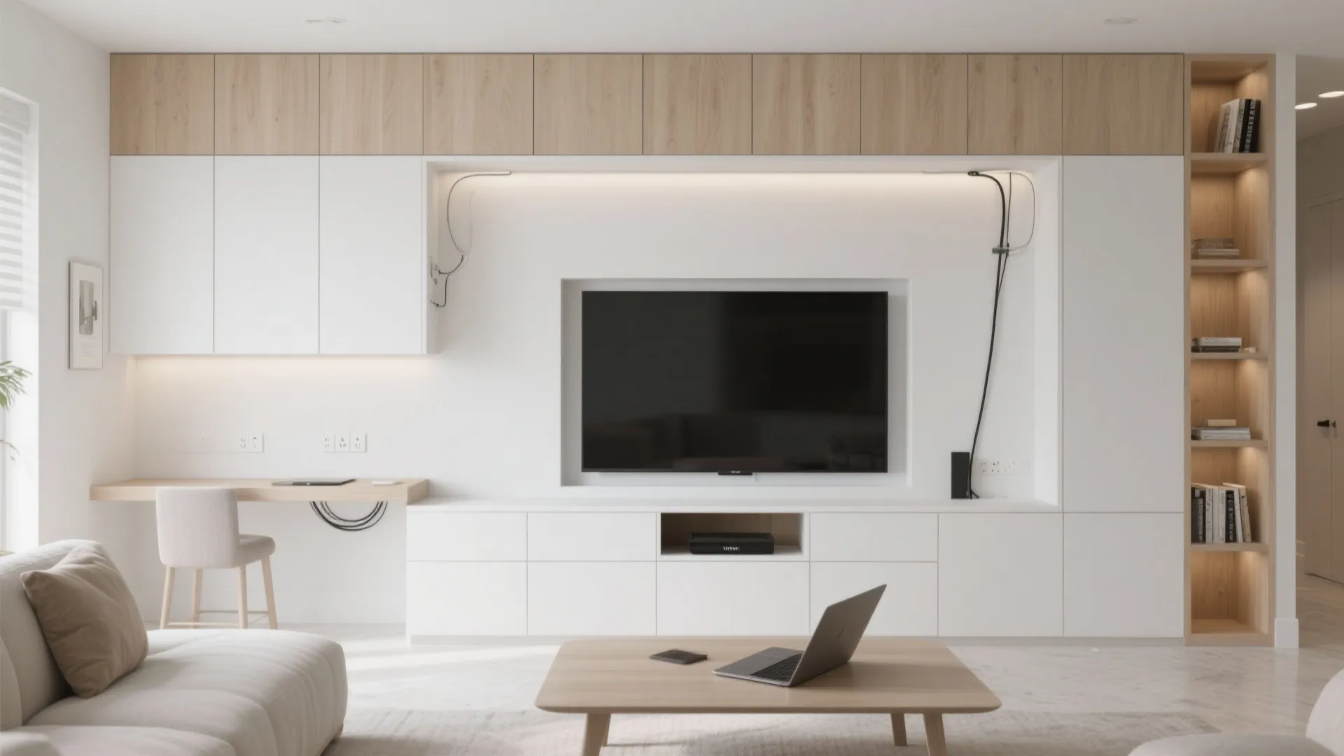 Wall-to-Wall Media Storage with a Fold-Down Table