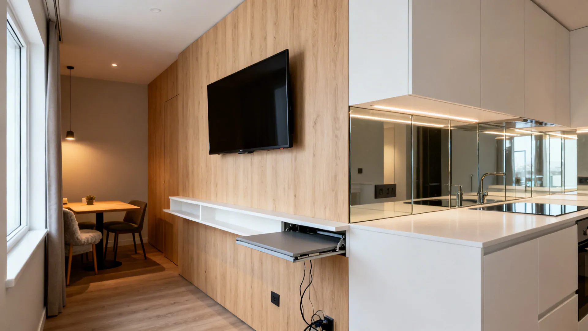 Kitchen area with white cabinets mirrored backsplash wooden wall panels television and small dining table set