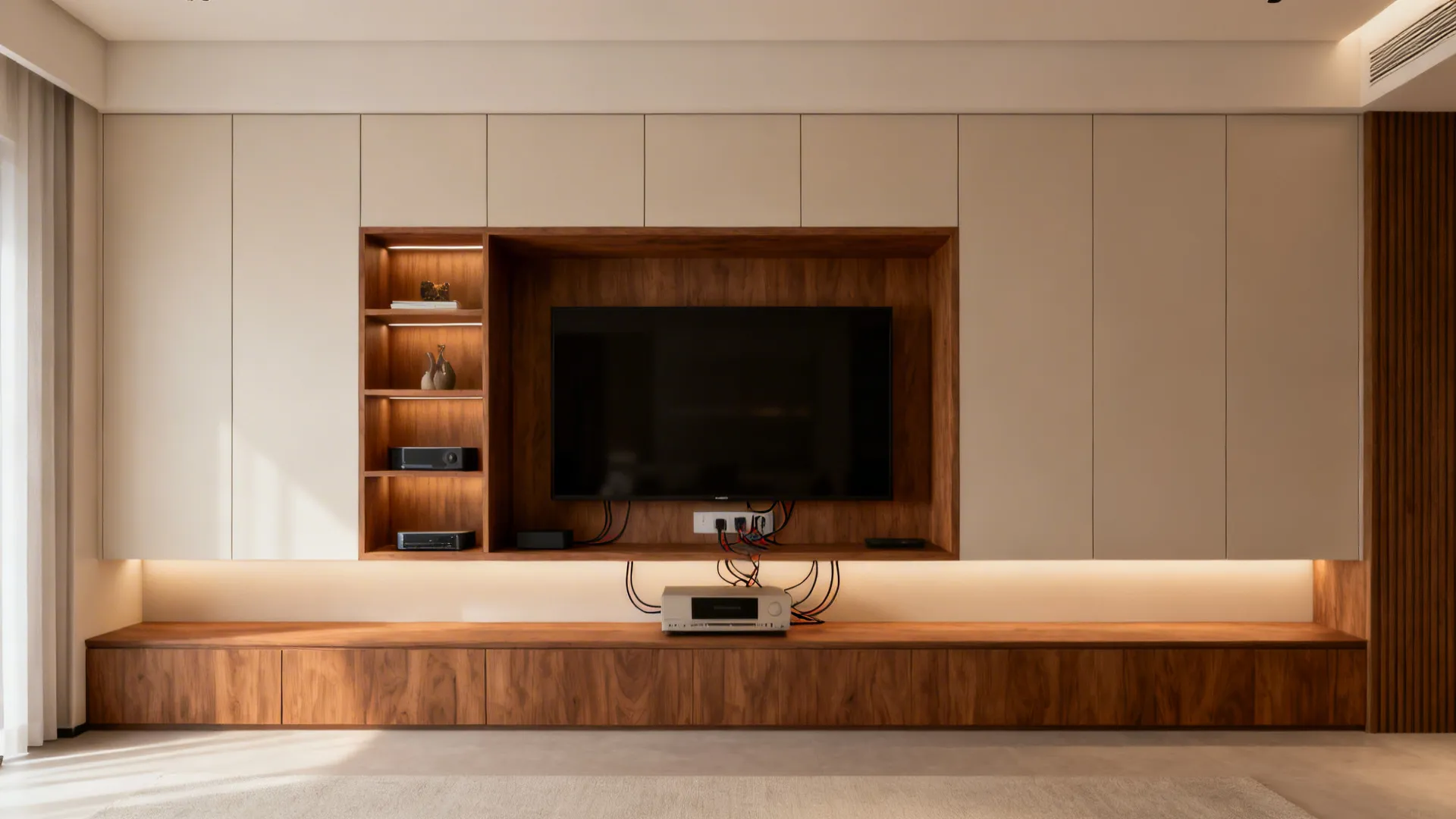 Multi-functional media wall with recessed TV niche, floating cabinets and integrated lighting.