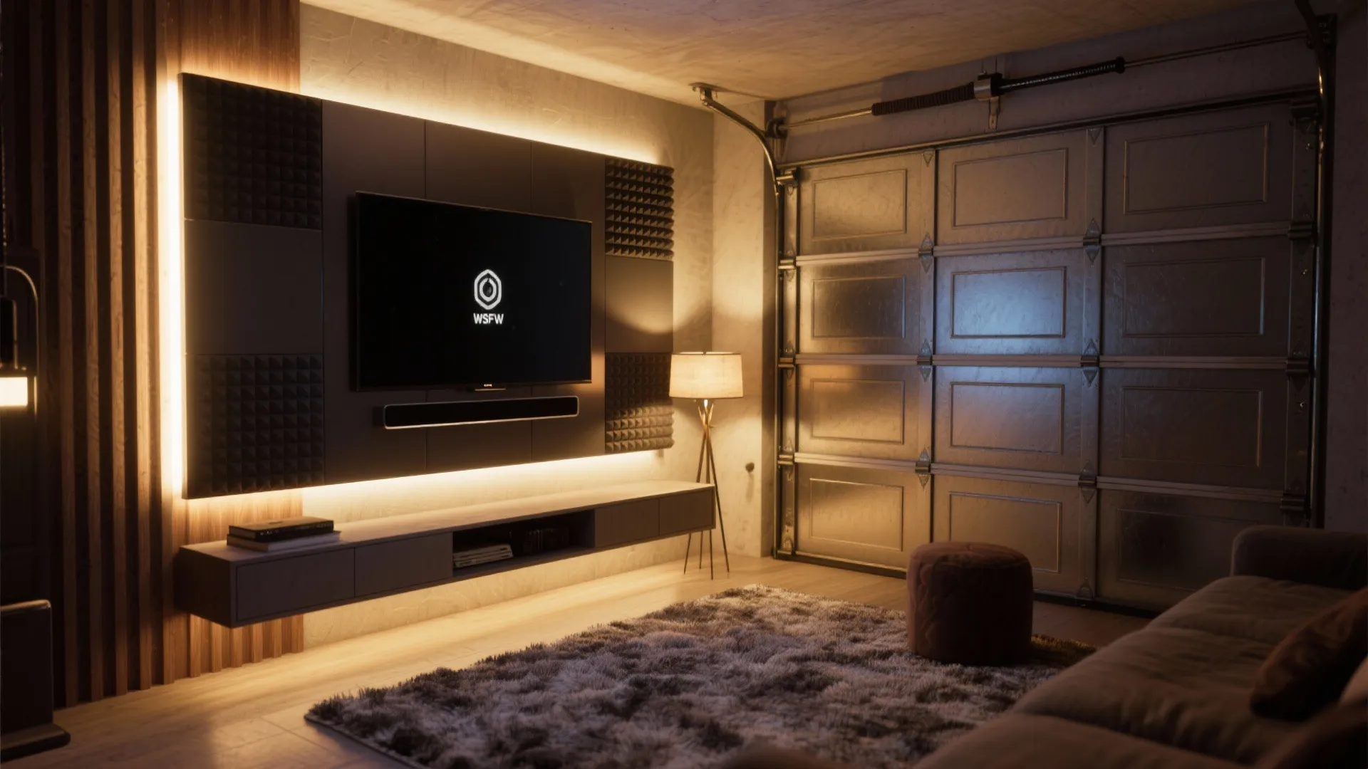 Media wall with TV and floating console in front of a garage door, acoustic panels and soft furnishings