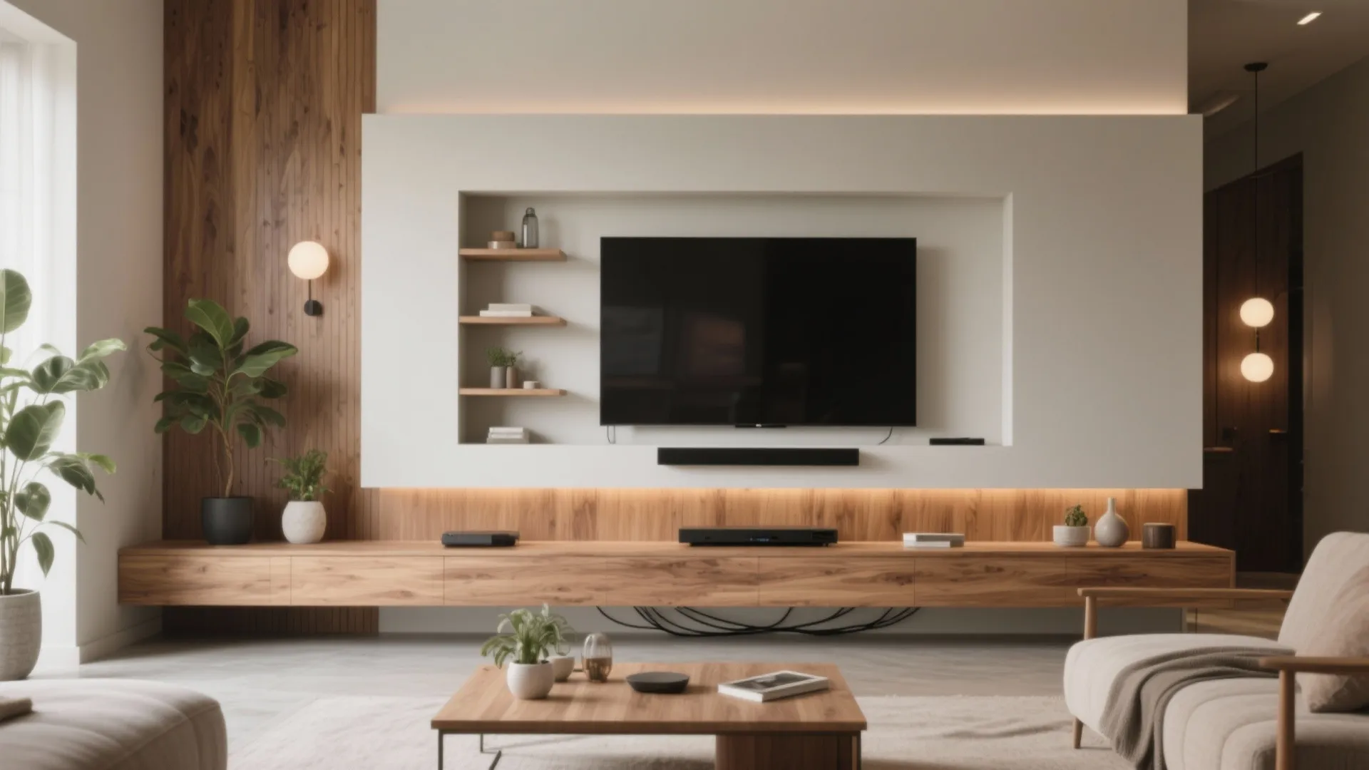 Modern living room with wall mounted television wooden cabinet white wall panels and green indoor plants