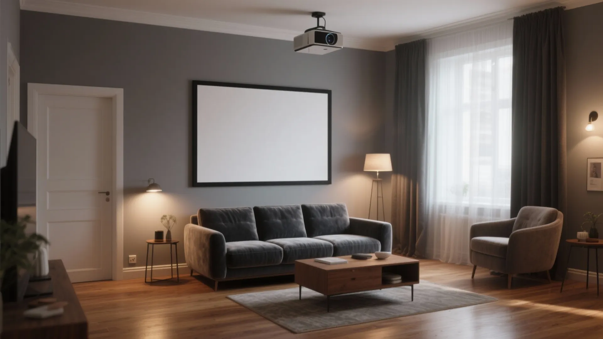 Modern living room setup with grey sofa coffee table and projector shining onto white screen