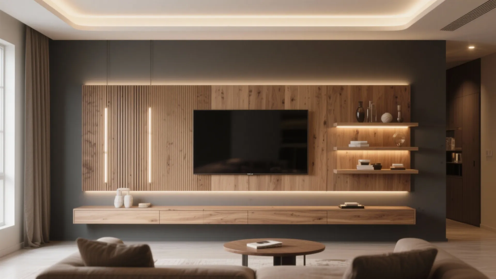Contemporary living room with wooden wall panel television stand sofa and warm hidden ceiling lights