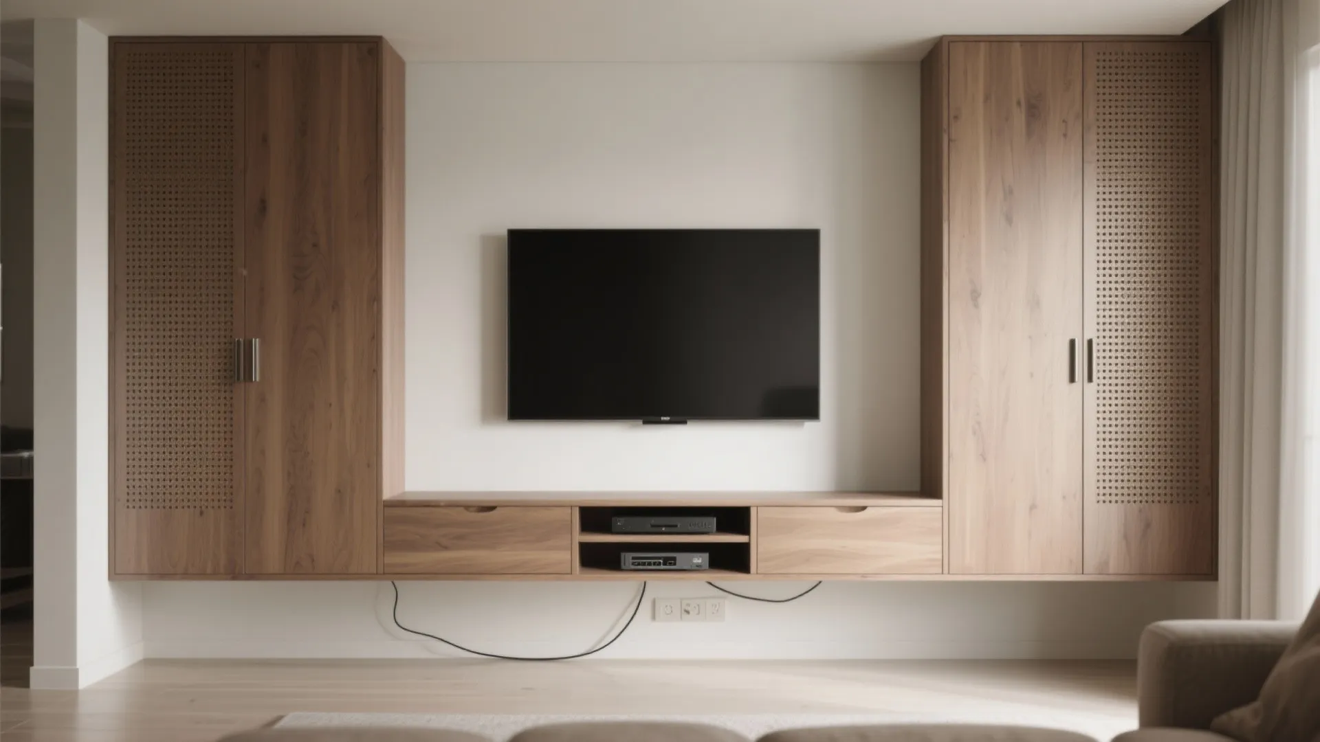 Wall mounted television centered between two tall wooden cabinets with matching lower storage unit design