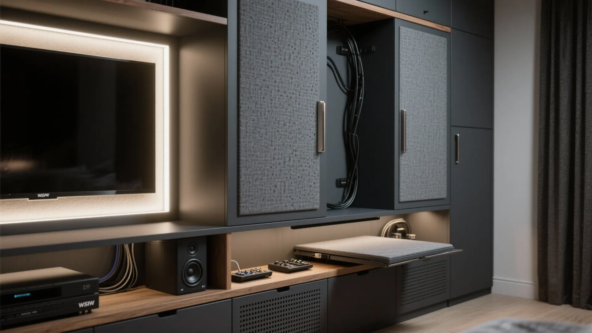 Modular Media Wall with Hidden Storage