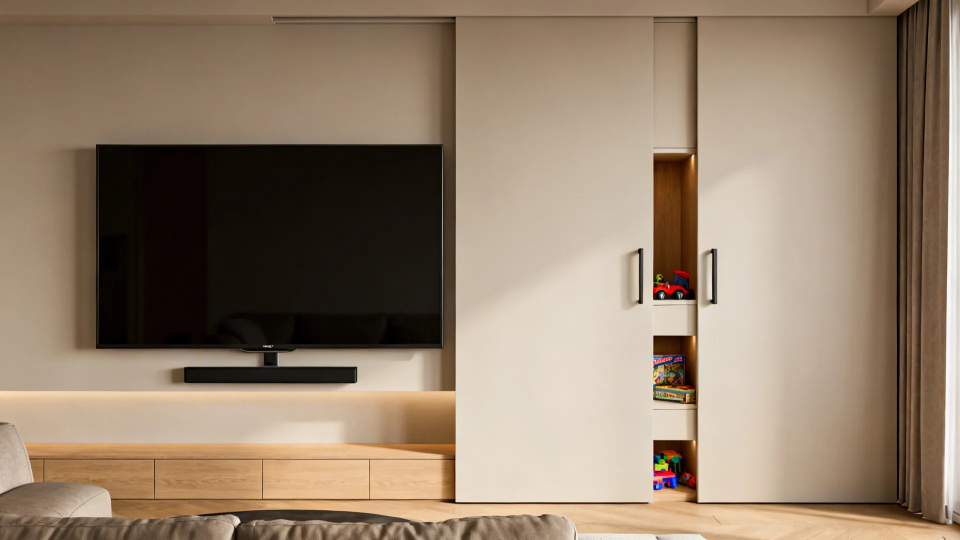 Sleek media wall with sliding panels concealing toy storage behind closed panels