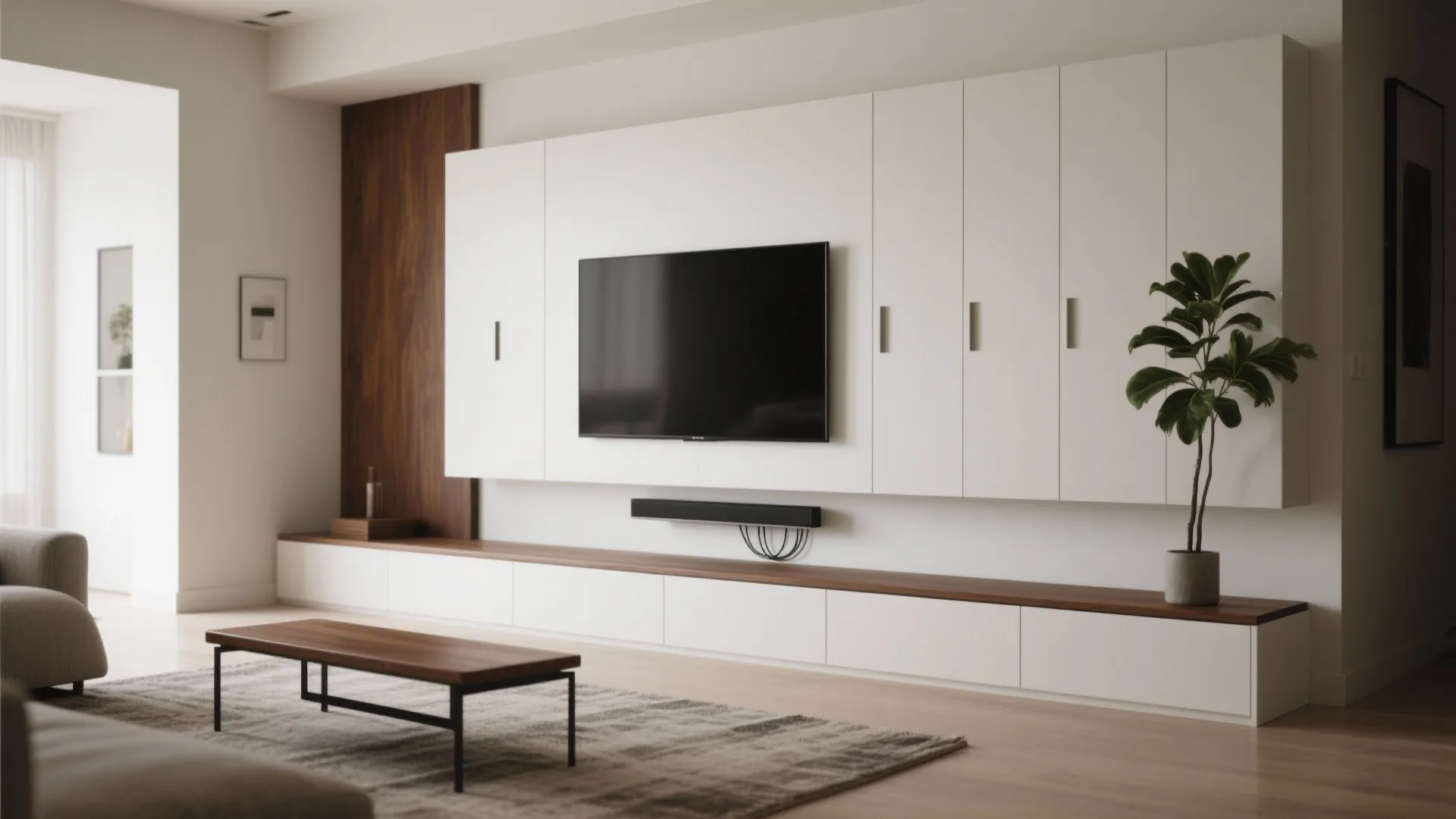 Minimalist media wall with hidden storage