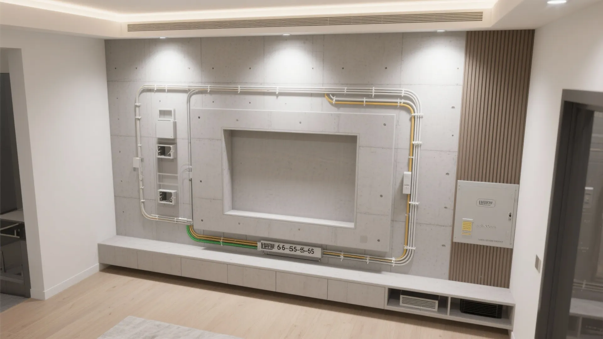 Living room wall showing electrical wires for television setup with gray concrete panels and cabinets