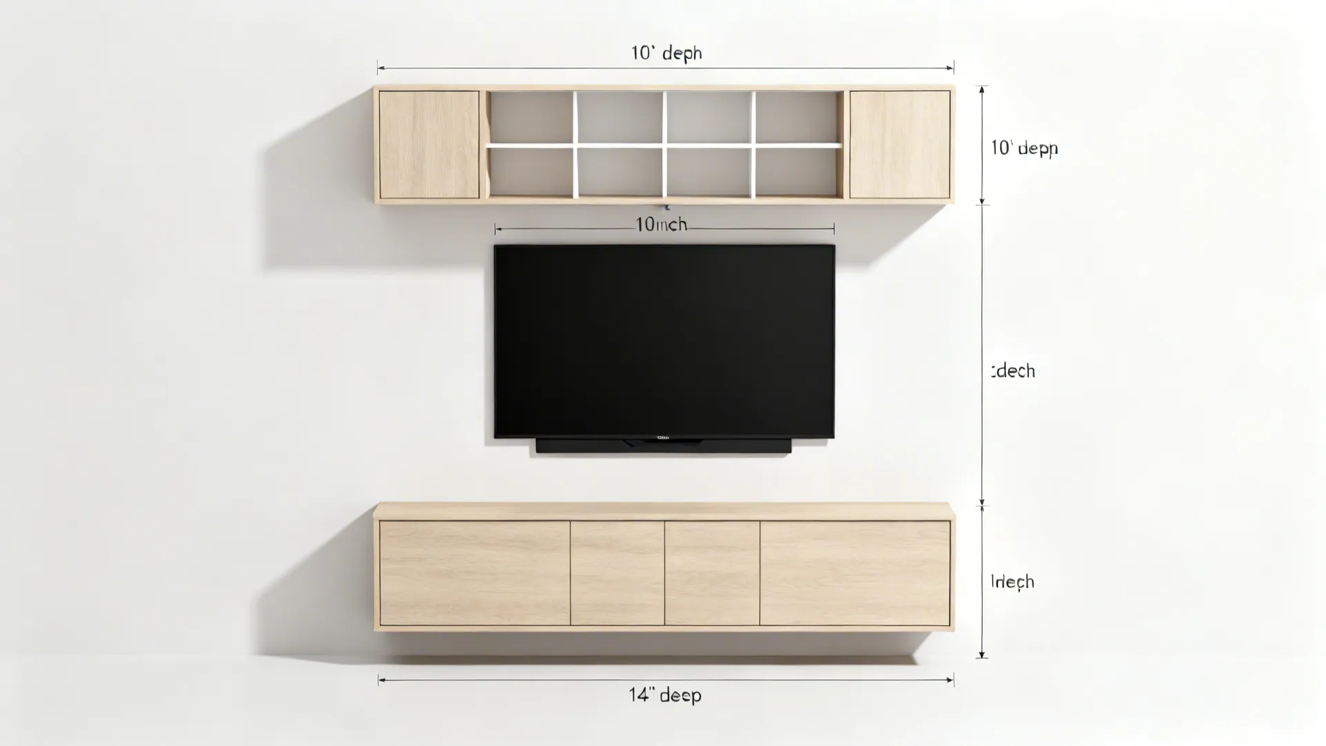 Top-down and elevation style view indicating base and upper cabinet depths and spacing around a TV.