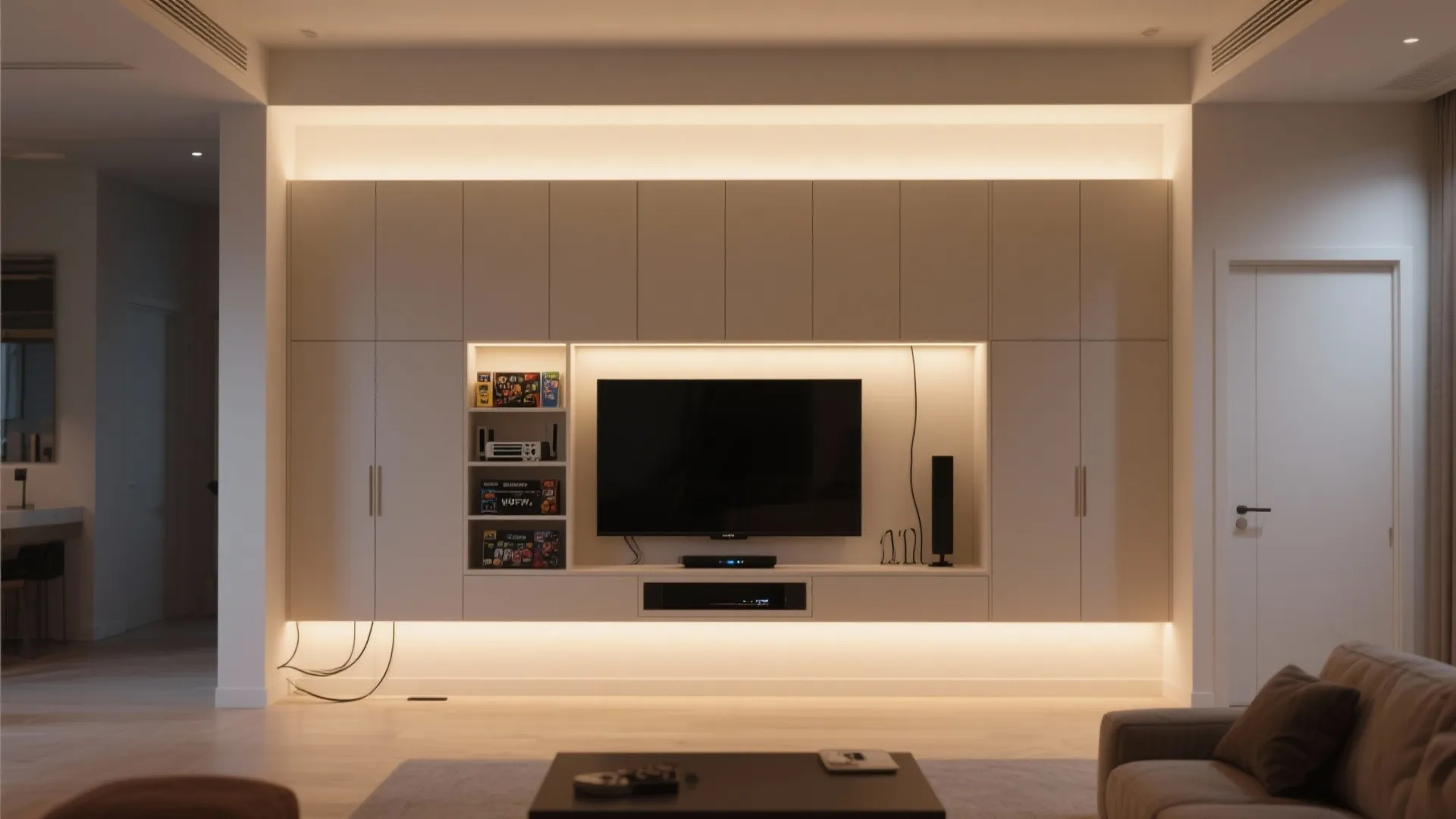 Wall-to-Wall Media Wall with Integrated LED Backlighting