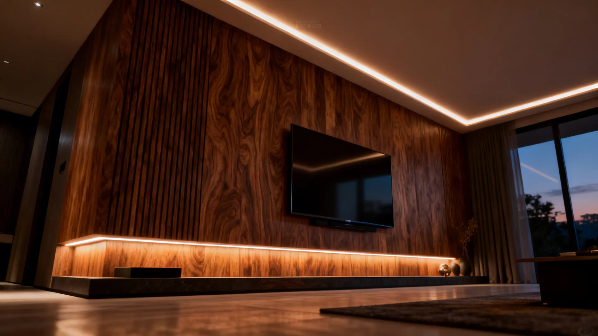 Media wall with textured panels and integrated LED lighting behind a mounted TV, creating ambient glow