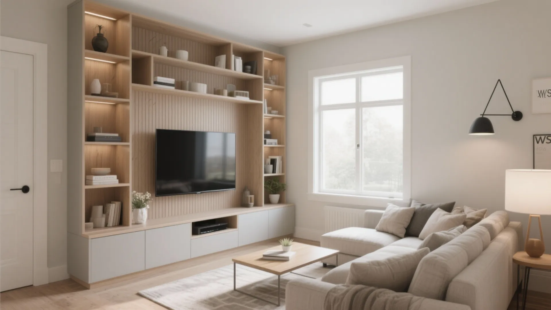 Bright living room with large wooden cabinet television cream sofa small coffee table and wall light