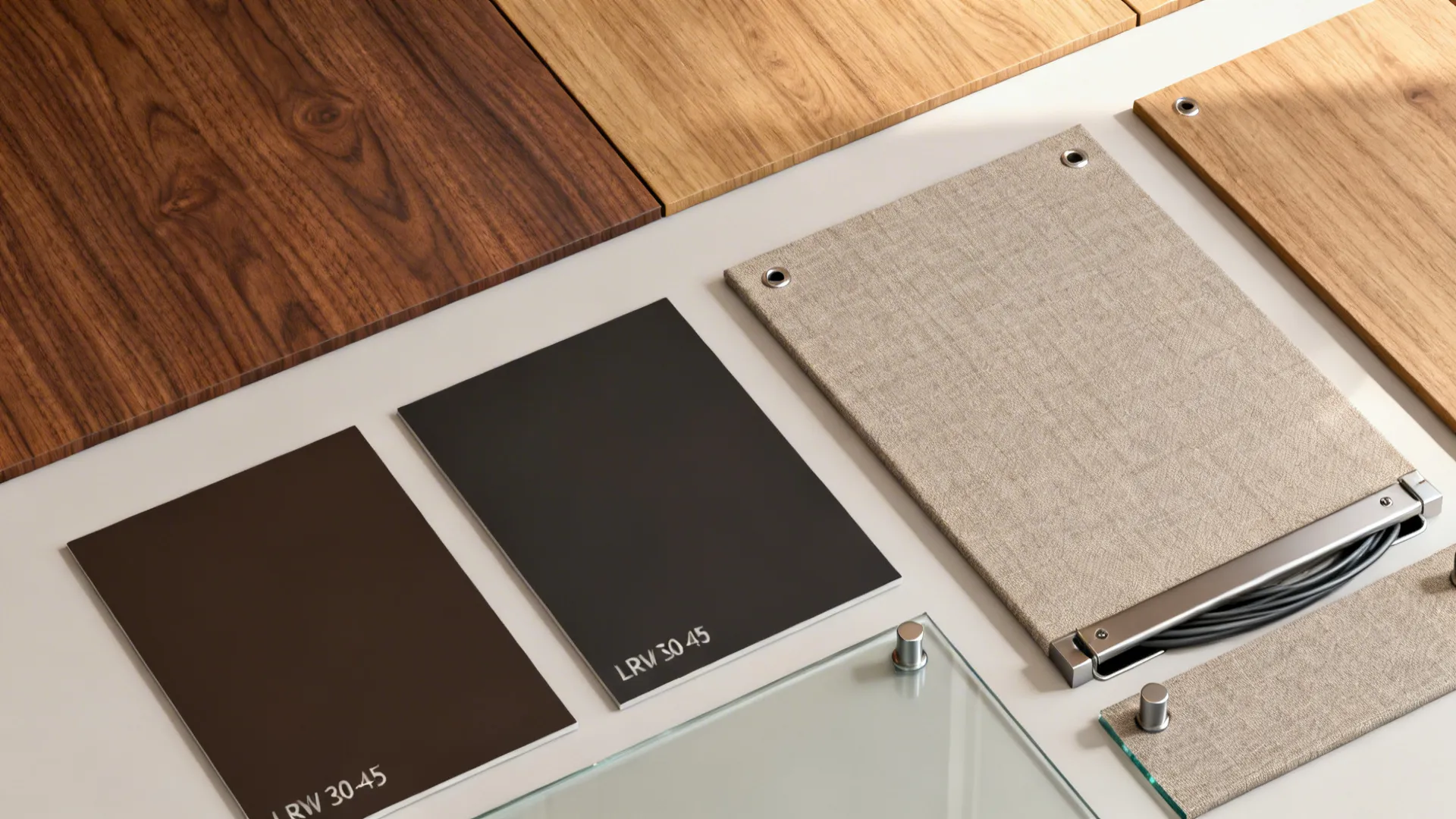 Flatlay of wood veneers, matte dark paint swatches, fabric panels, and hardware for built-ins.