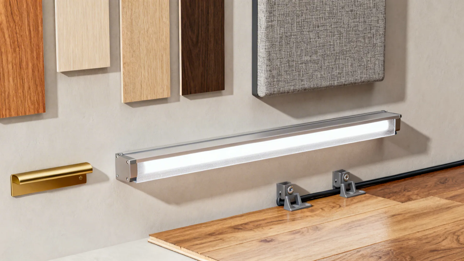 Collection of wood panels wall light fabric sample and flooring materials for home interior design