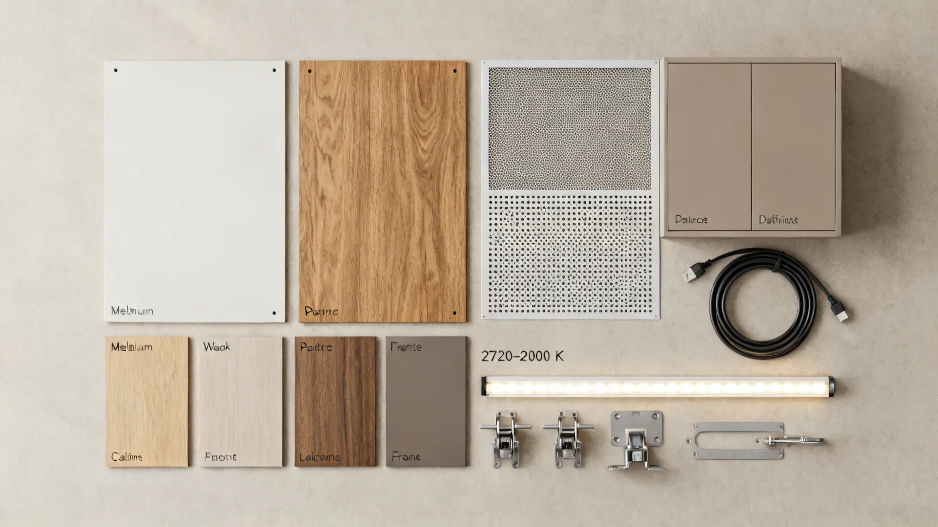 Flat lay of melamine, oak veneer, matte laminates, mesh panels, conduit, and LED strip for a media wall.