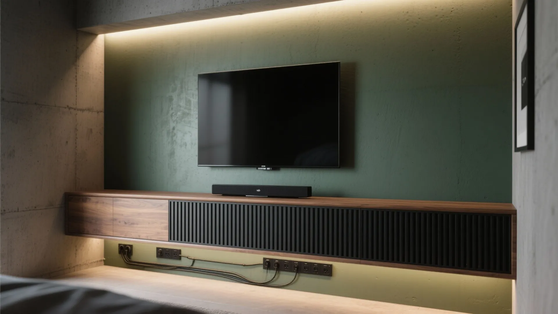 Modern media wall with flat screen television black soundbar wood cabinet and green accent wall paint