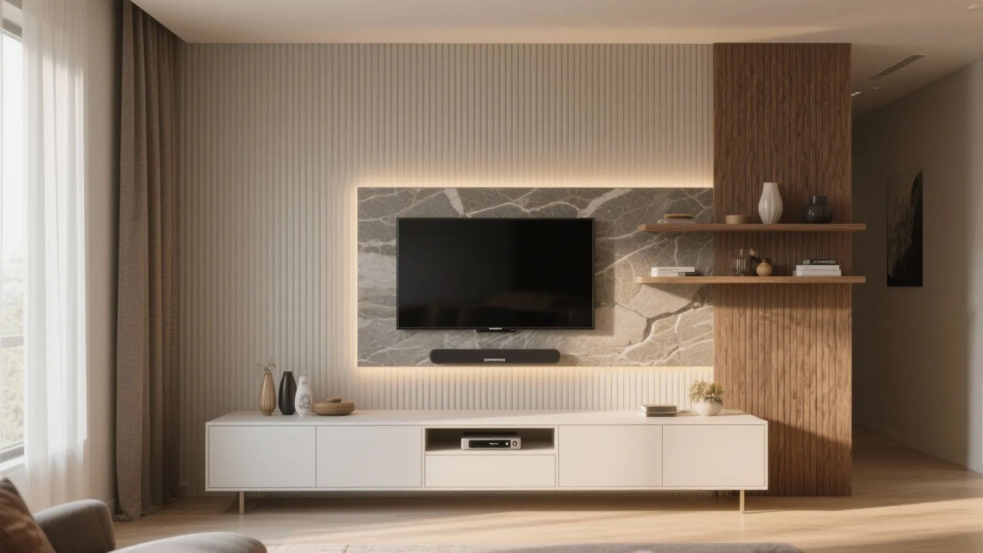 Contemporary living room featuring a television on marble wall panel with white cabinet and shelves