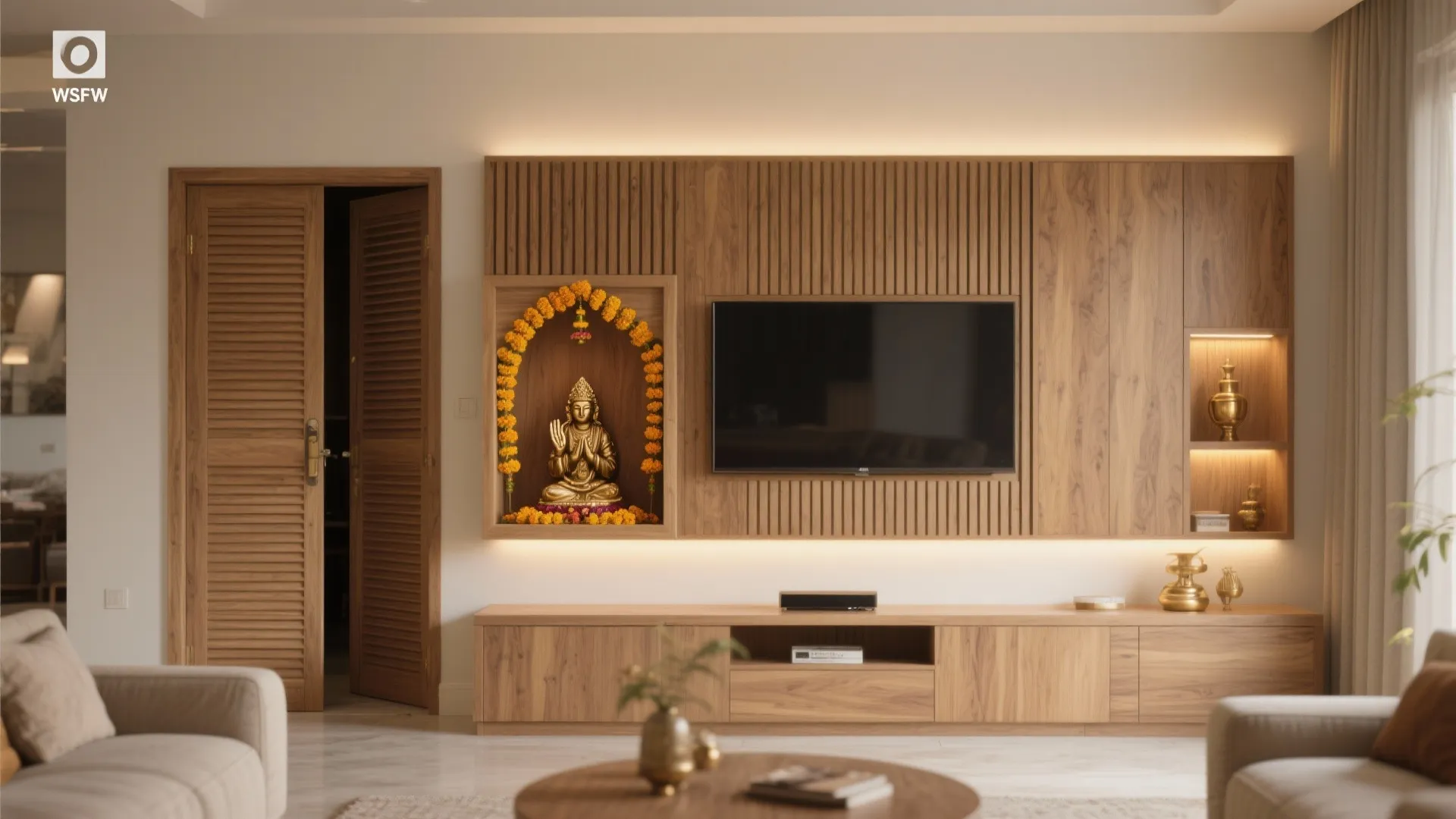 Media Wall with Integrated Pooja Niche