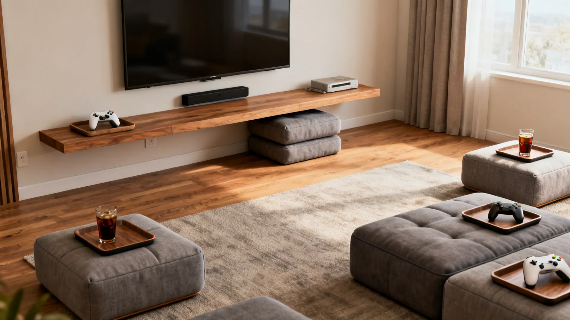 Low media wall with modular poufs and an ottoman arranged for movie night in a small living room.