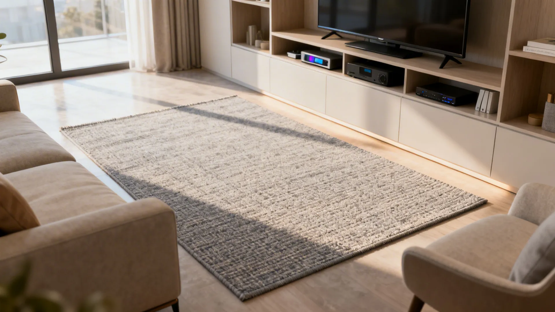 Grey textured area rug placed on light wood floor in modern living room with beige sofa
