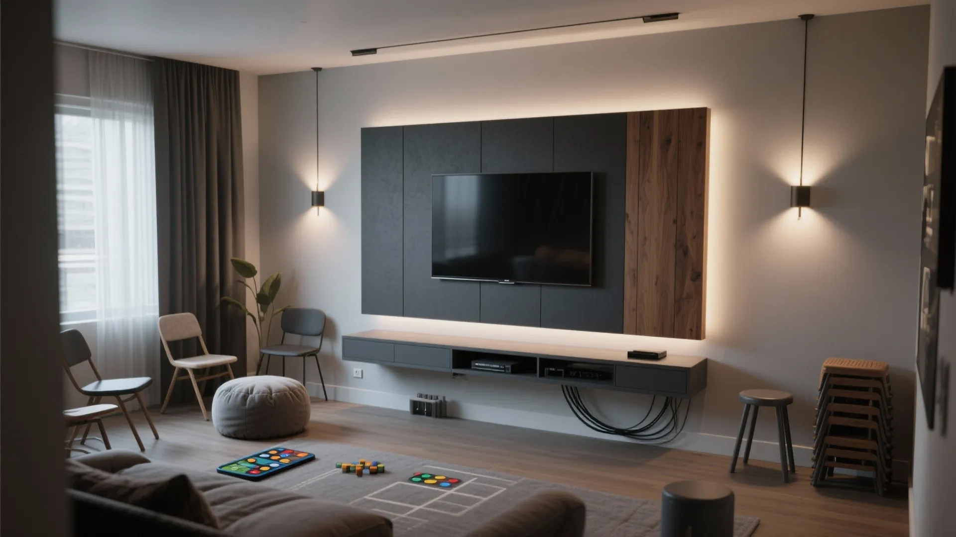 3. Make a media wall with flexible seating