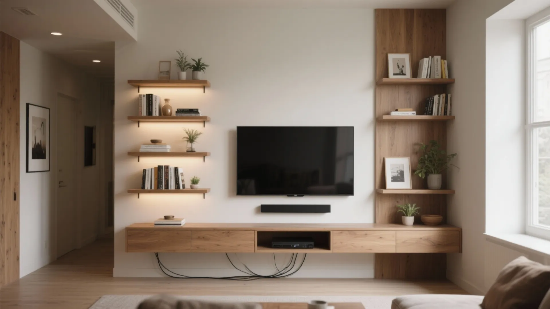 2. Wall-mounted media and floating shelves