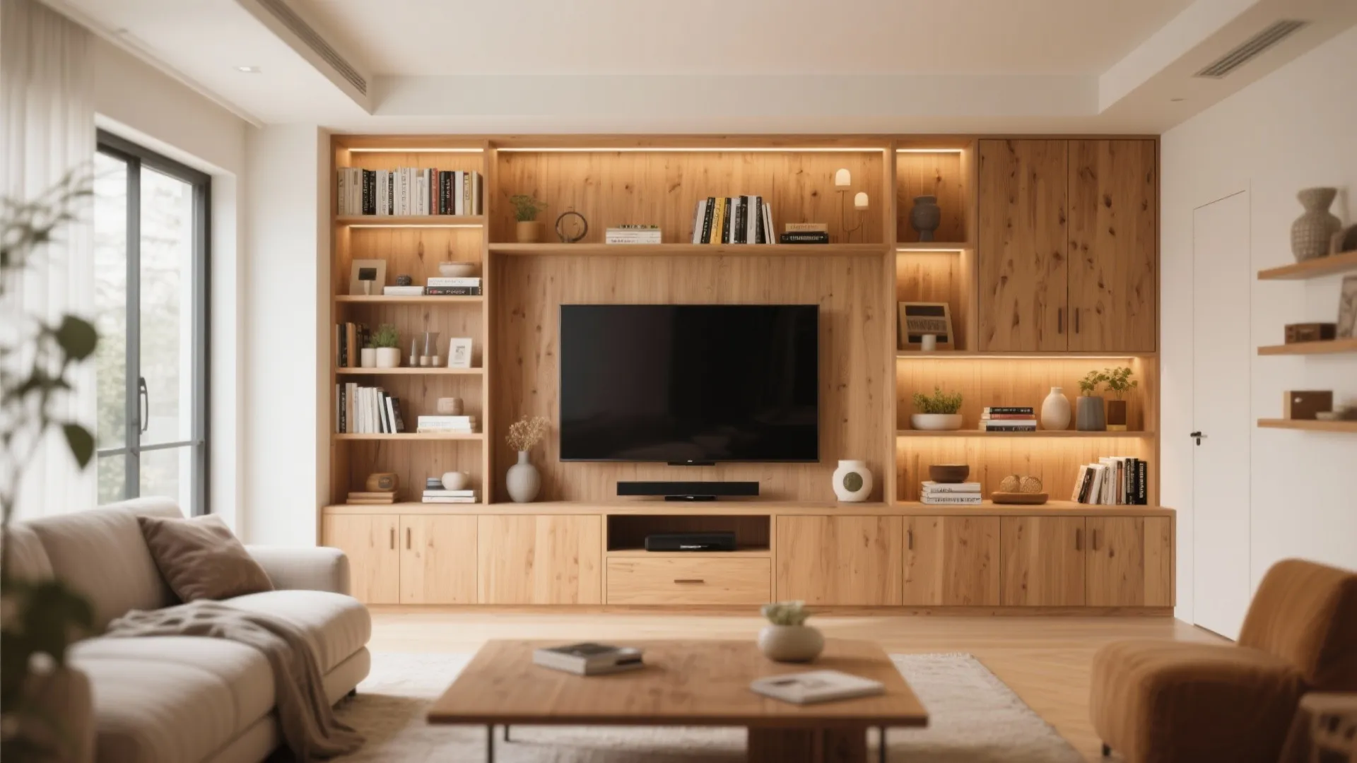 Large wooden cabinet with shelves for books and decorations surrounding a television in living room
