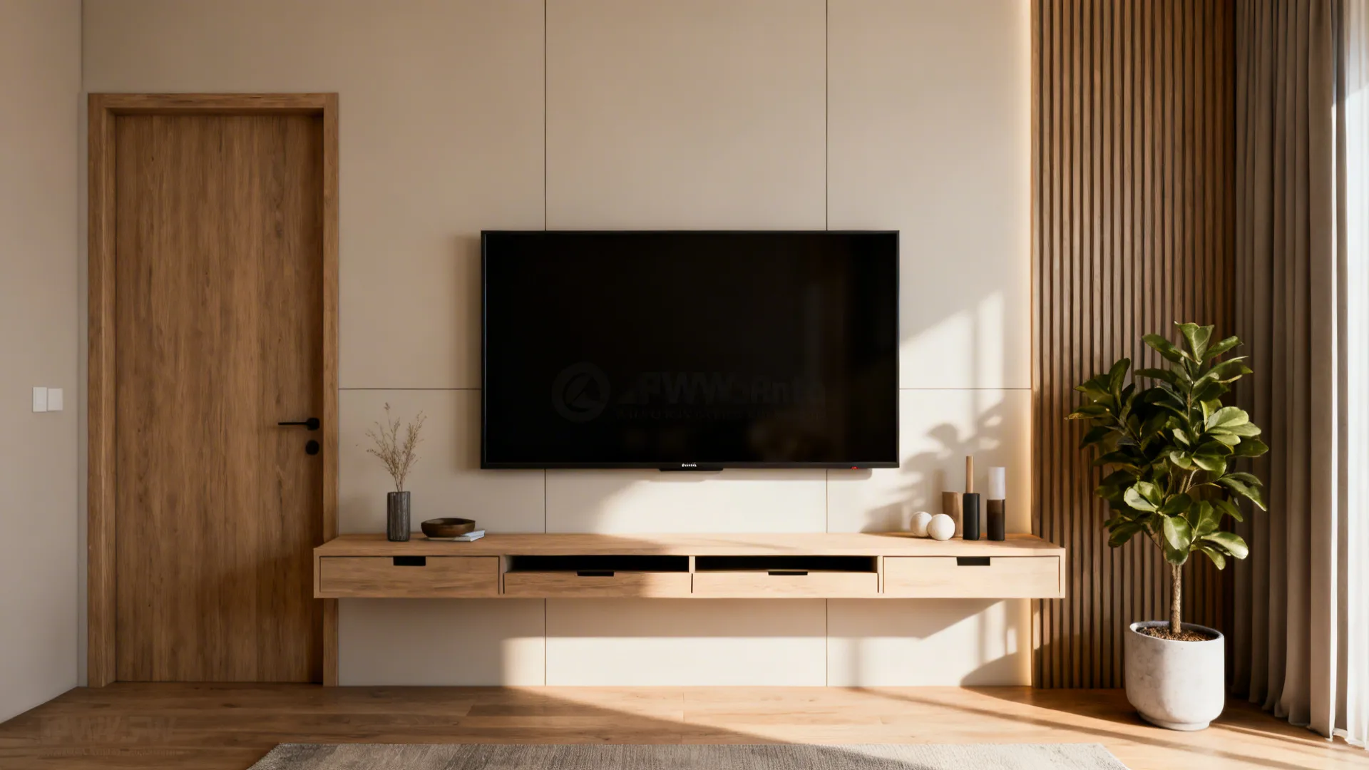 Small living room with a centered 55-inch TV and a slim floating storage unit hiding cables.