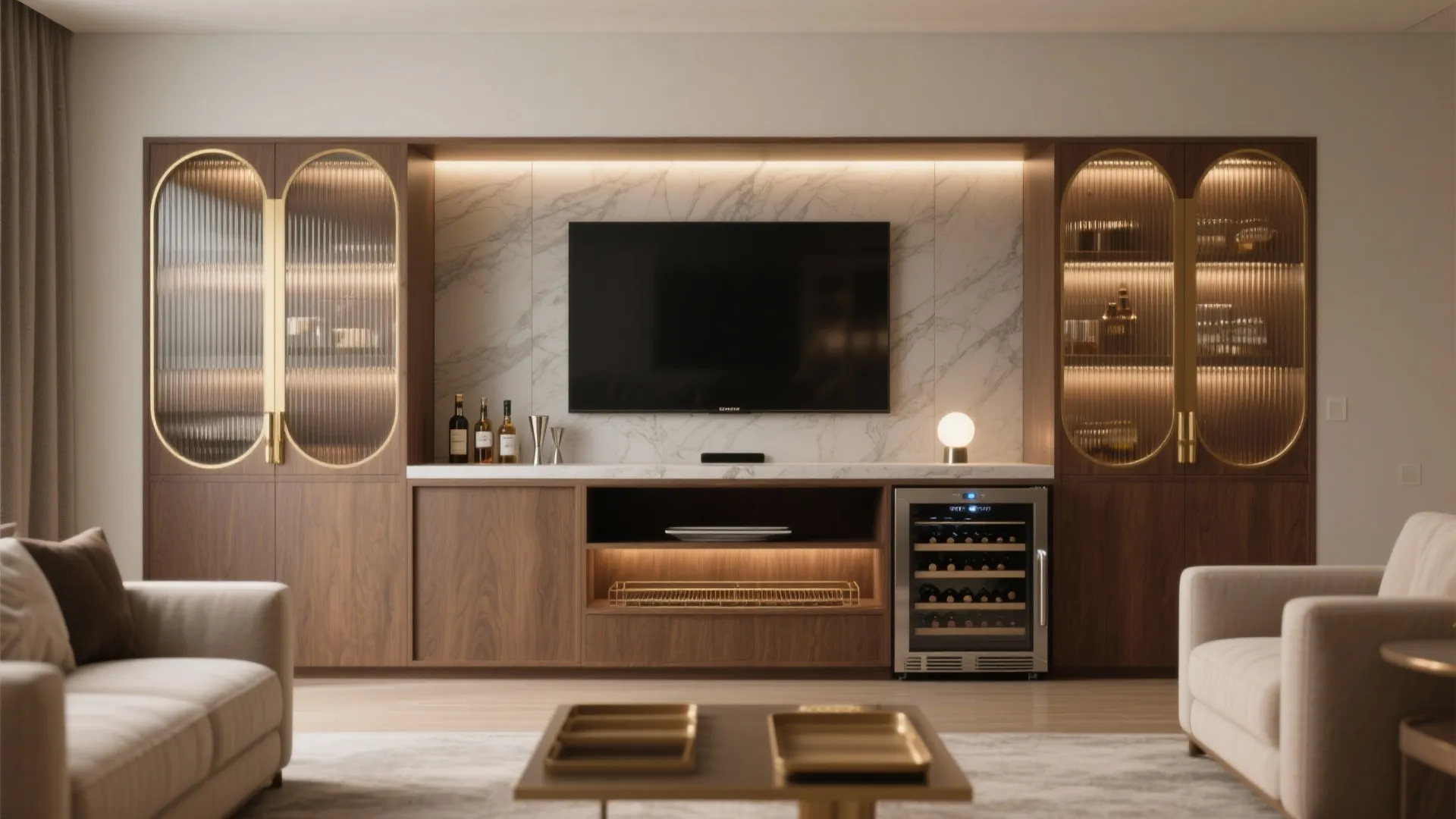 Large wood wall cabinet with television marble background and glass doors for storing wine bottles