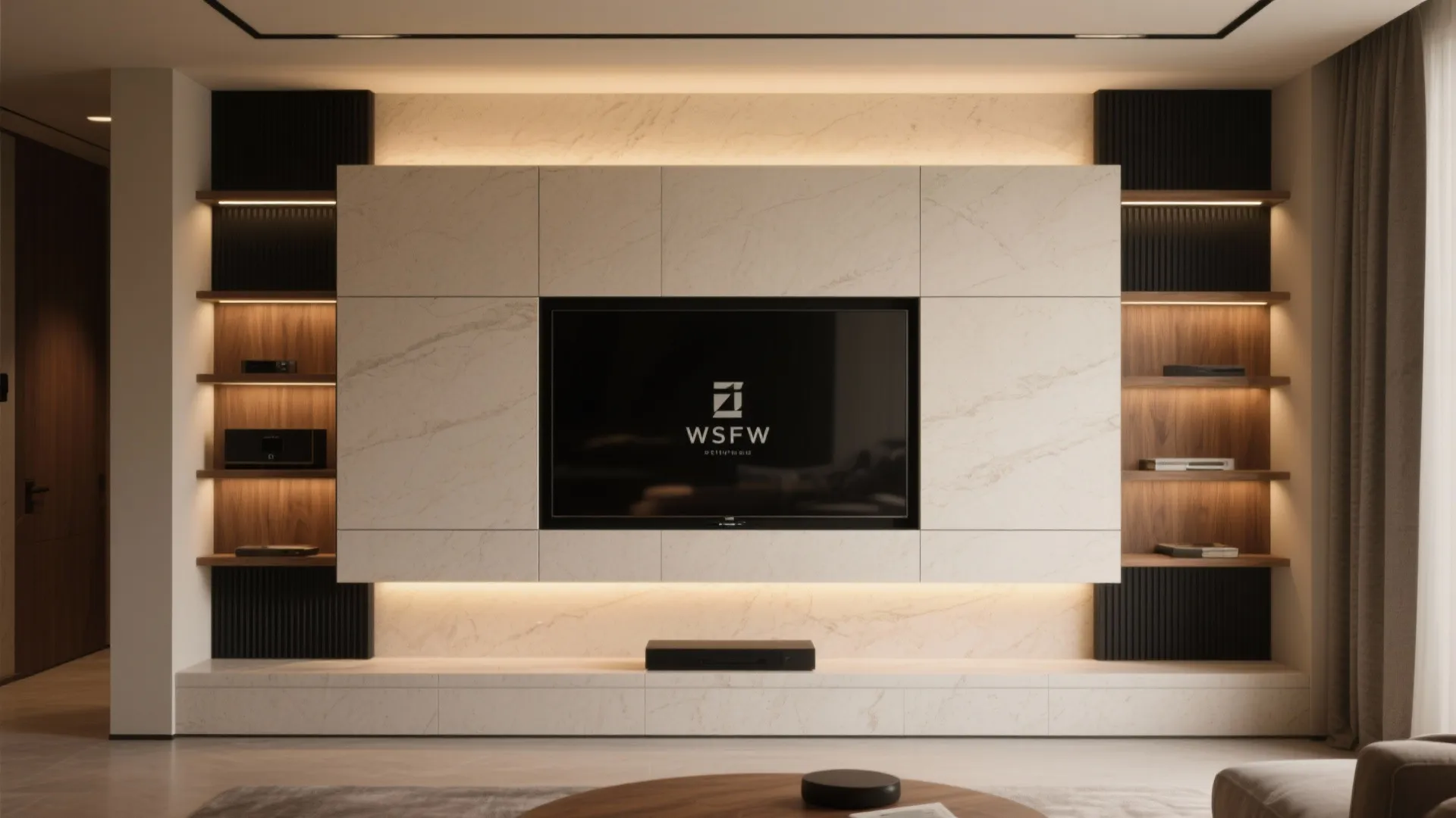 Built-In Media Wall With Stone or Porcelain and Layered Lighting