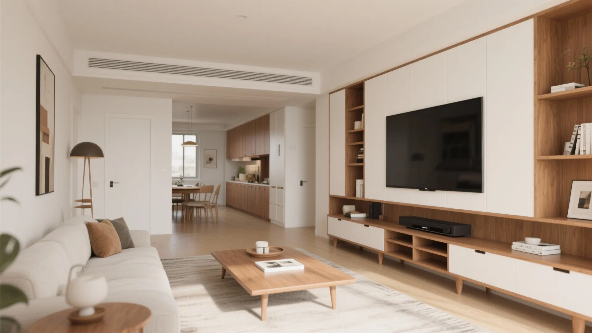 Modern living room with wood media cabinet large television white walls beige sofa and coffee table