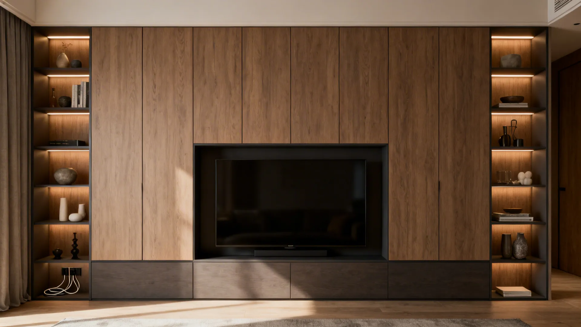 Media wall with built-in shelves and cabinets framing a mounted TV, soft shelf lighting and hidden cables.