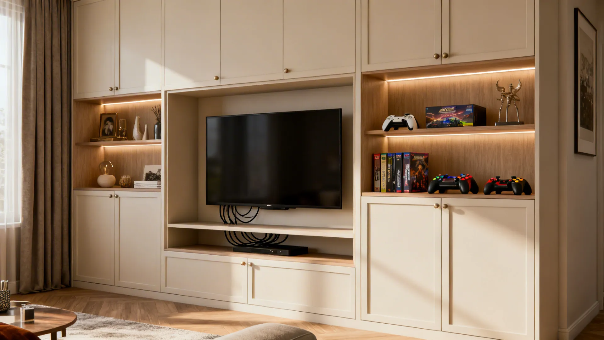 Coordinated media wall with recessed niche, built-in shelving and concealed storage in a small living room.