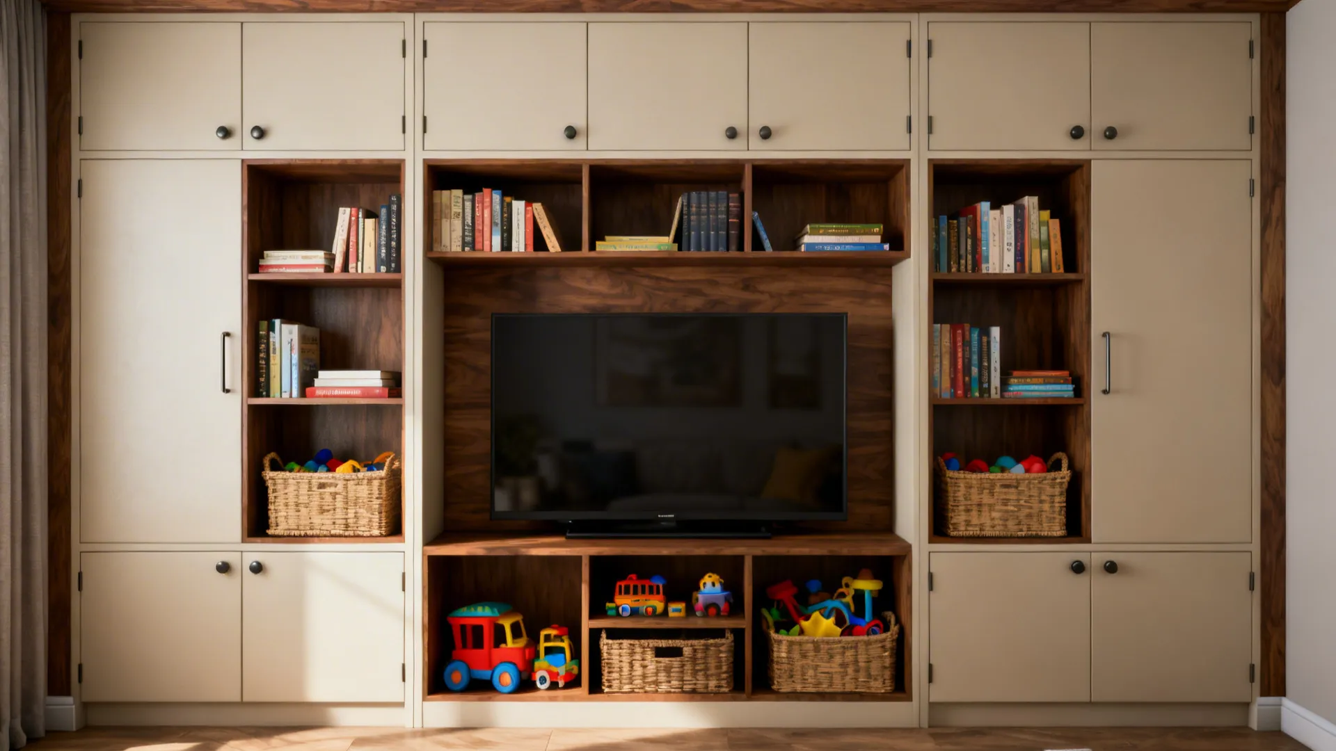 Built-in media wall with TV, open shelves, closed cabinets and organized storage.