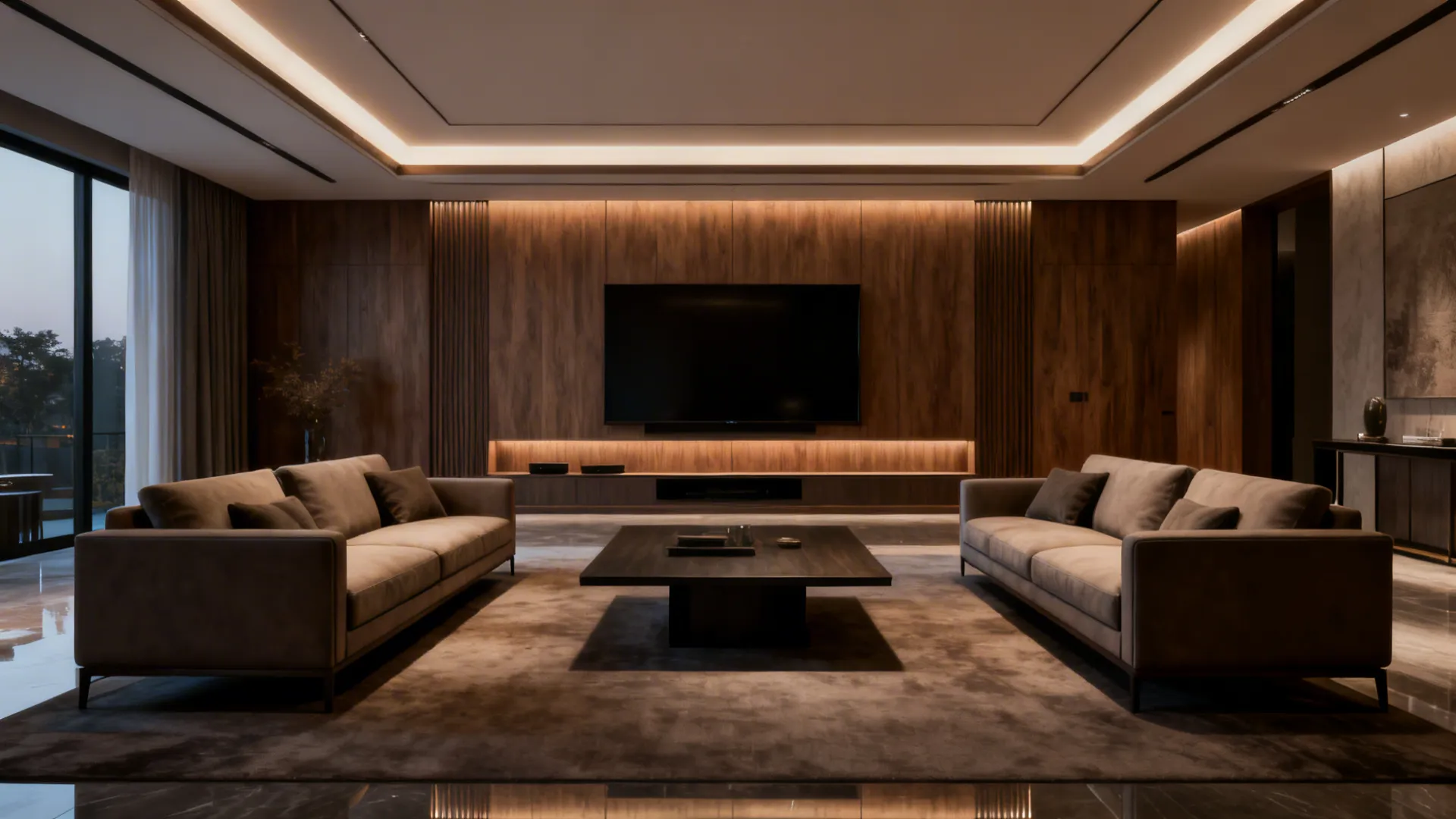 Symmetrical living room featuring dark wood wall panels television warm lights and two grey sofas