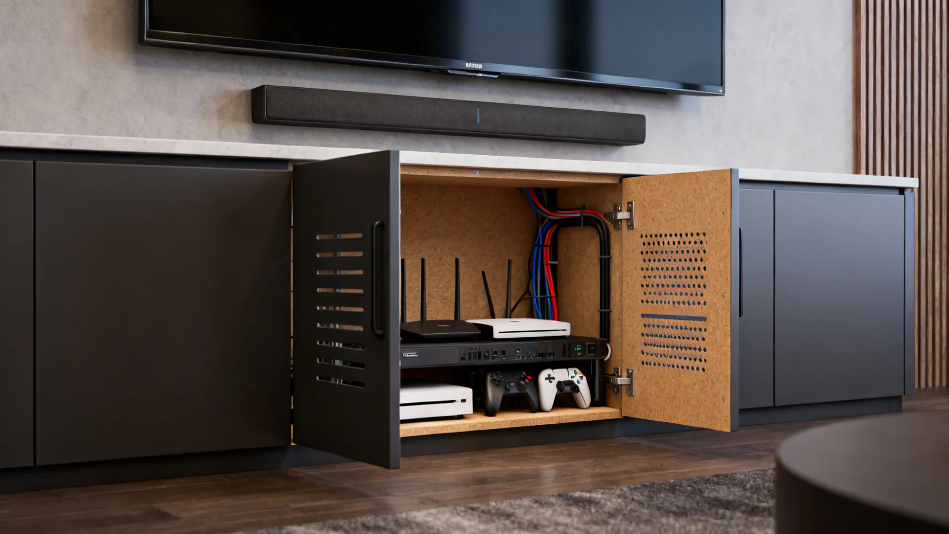 4. Media wall with hidden tech hub