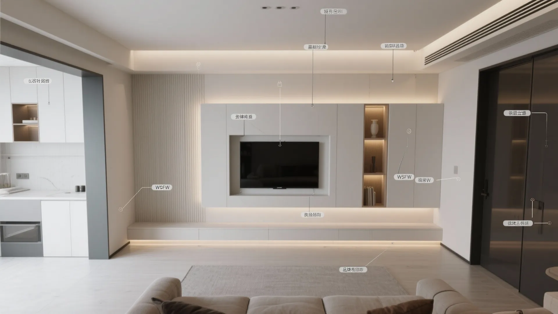 Built-in media wall with niche shelving