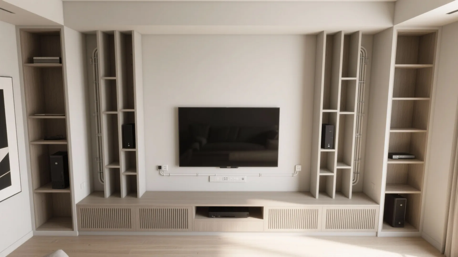 3) Built-in Media Wall With Vertical Storage
