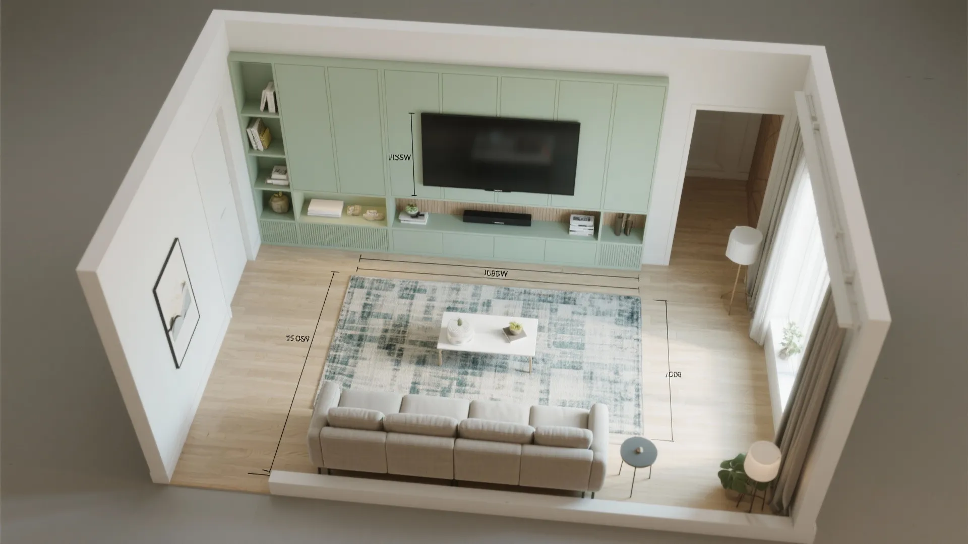 3) Built-in look storage: slim media wall + concealed cabinets