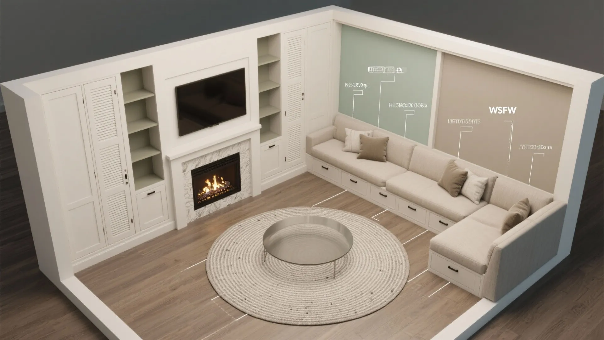 Idea 4: Built-in media wall — recessed TV, integrated fireplace, and hidden storage
