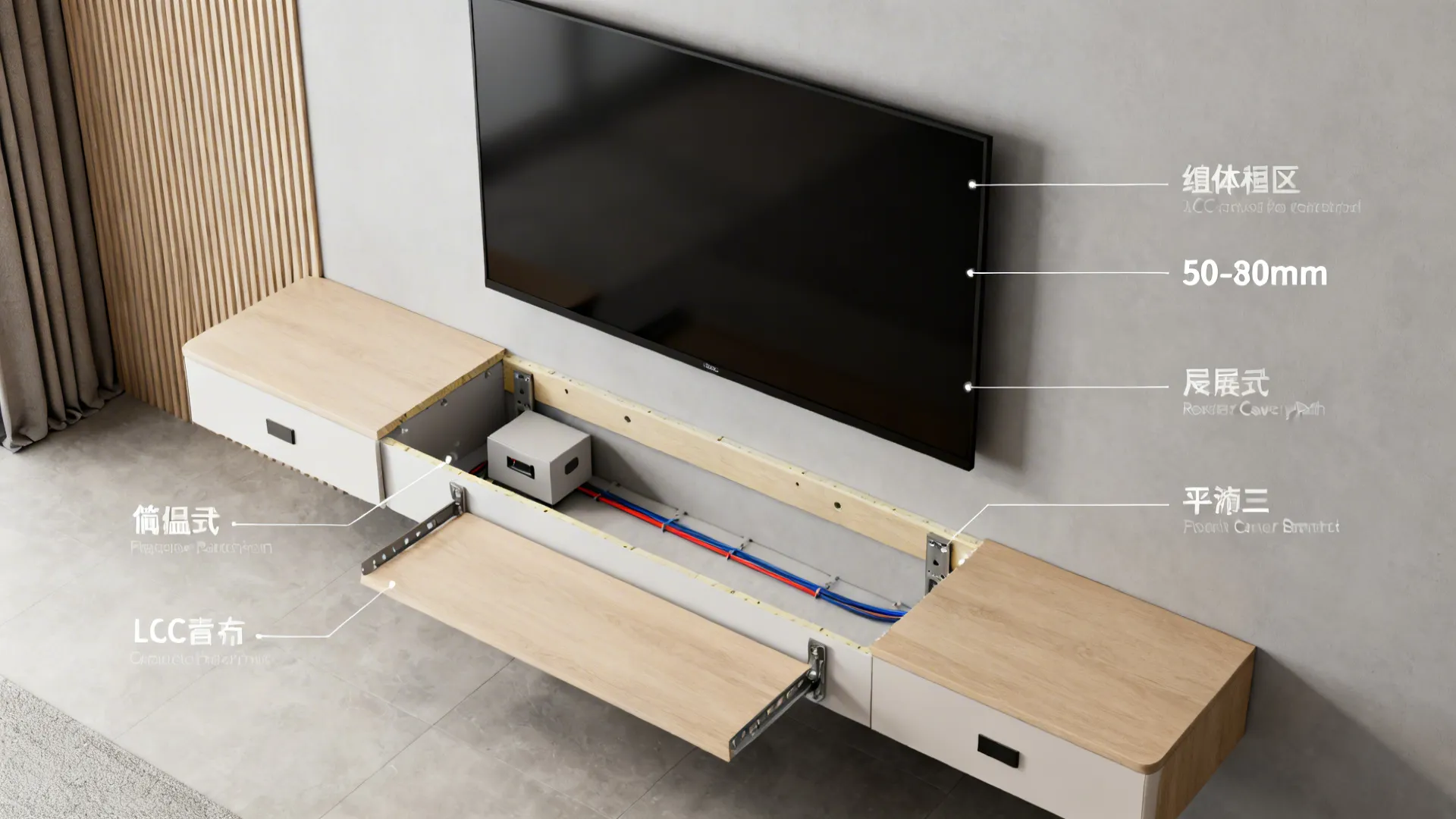 Top-down view illustrating backer panel cavity and hidden cable raceway for a floating media wall.